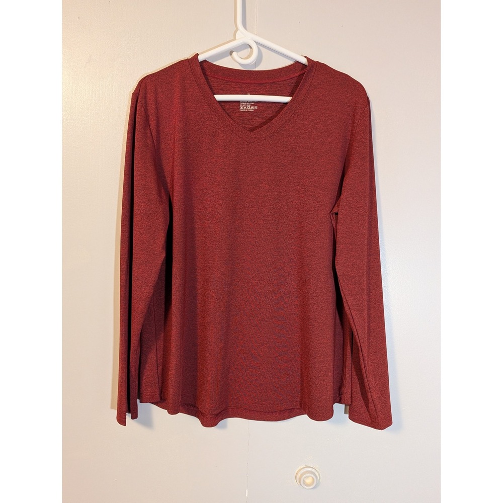 Activewear Womens XL V-Neck Long Sleeve Shirt Heathered Red Burgundy Stretch Top